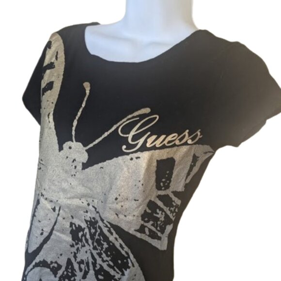 GUESS Black Graphic T-Shirt Tee with Butterly Size Medium - Picture 2 of 3